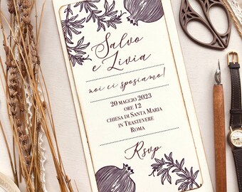 Handmade wedding invitations with plantable paper, hand printed wedding invitations with pomegranate, botanical italian wedding invitations