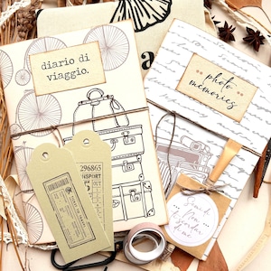 Eco box per chi ama viaggiare, set di cartoleria da viaggio fatta a mano in carta riciclata, diario di viaggio stampato a mano