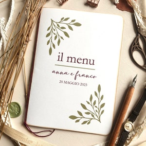 Menu per pranzi di nozze fatto a mano in carta riciclata, menu per pranzi di nozze vegan in stile botanico ecosostenibile