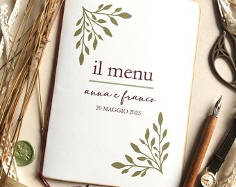 Handmade wedding lunch menu with recycled paper, eco-sustainable botanical style vegan wedding lunch menu