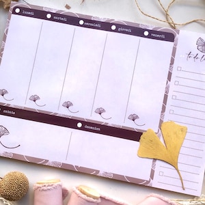 Planner settimanale da tavolo in carta riciclata, planner settimanale da tavolo sostenibile con foglie di gingko, regalo per lei