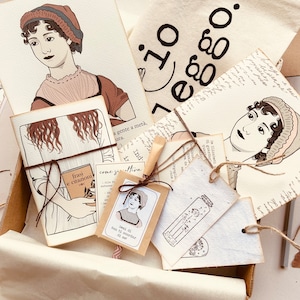 Eco box Jane Austen, set di cartoleria artigianale ecosostenibile Jane Austen, regalo per amanti della scrittura, regalo per lei