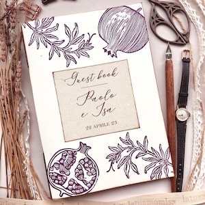 Libro degli ospiti per matrimonio fatto e stampato a mano in carta riciclata, guest book per nozze ecosostenibili, melograno