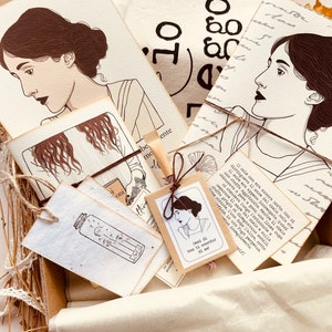 Eco box Virginia Woolf, set di cartoleria artigianale Virginia Woolf, quaderni fatti a mano in carta riciclata, regalo per lettori