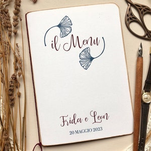 Menu per pranzi di nozze fatto a mano in carta riciclata, menu per cerimonie fatto a mano in carta riciclata, menu ecosostenibile gingko