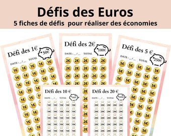 Défis des euros, 5 défis enveloppes budget, A6, Français, challenges budget, économies, PDF, à télécharger imprimer, kit défis budget