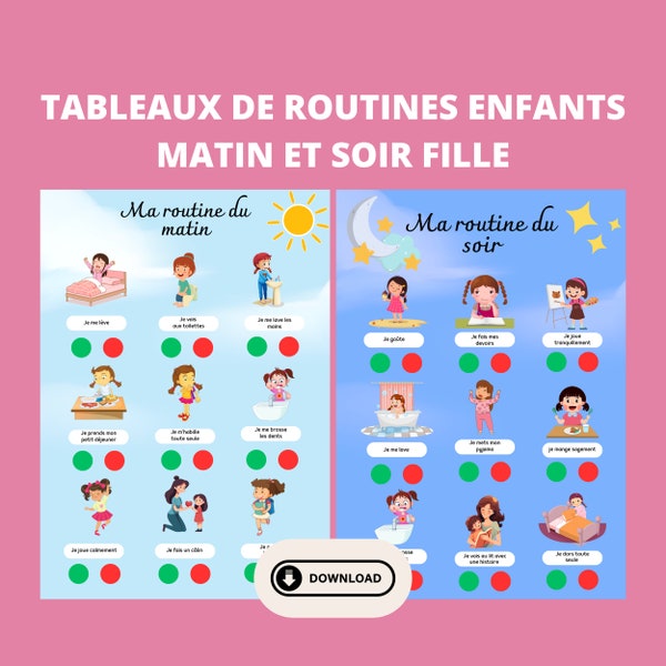 Tableaux de routines enfant, matin et soir, tableaux rituel enfant, routine organisation, tableaux routine à imprimer, Français, A4