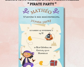 Carte d'invitation anniversaire enfant, pirate, personnalisée, invitation anniversaire garçon à imprimer, carton d'invitation, français
