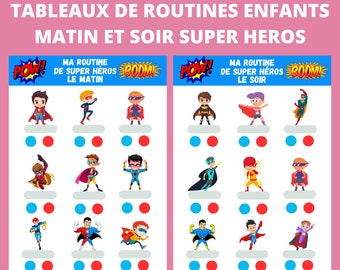 Tableaux de routines enfants personnalisable, super héros, matin et soir, tableaux de récompenses, rituels, imprimable, modifiable sur PC