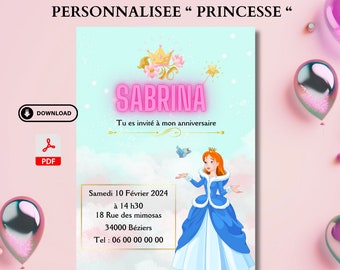 Carte d'invitation anniversaire enfant, thème princesse, personnalisable, carton d'invitation imprimable, invitation anniversaire, Français