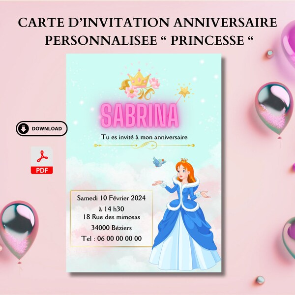 Carte d'invitation anniversaire enfant, thème princesse, personnalisable, carton d'invitation imprimable, invitation anniversaire, Français