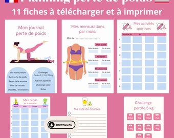 Fitness planner, journal perte de poids en Français, activités sportives, challenges, suivi poids, menu, tracker, 11 fiches à imprimer, A4