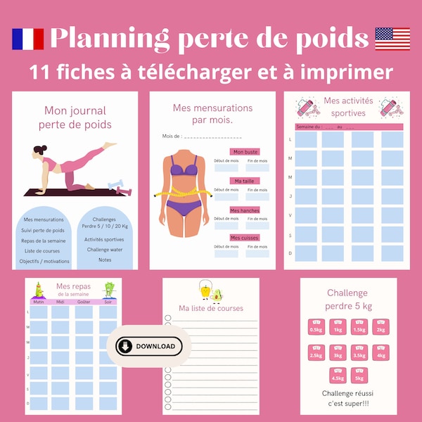 Fitness planner, journal perte de poids en Français, activités sportives, challenges, suivi poids, menu, tracker, 11 fiches à imprimer, A4