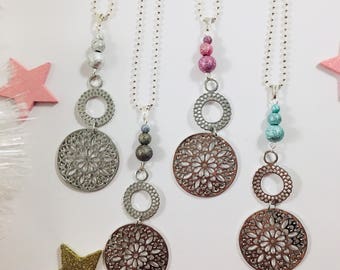 Silver pinwheel Necklace blue, pink, grey or black