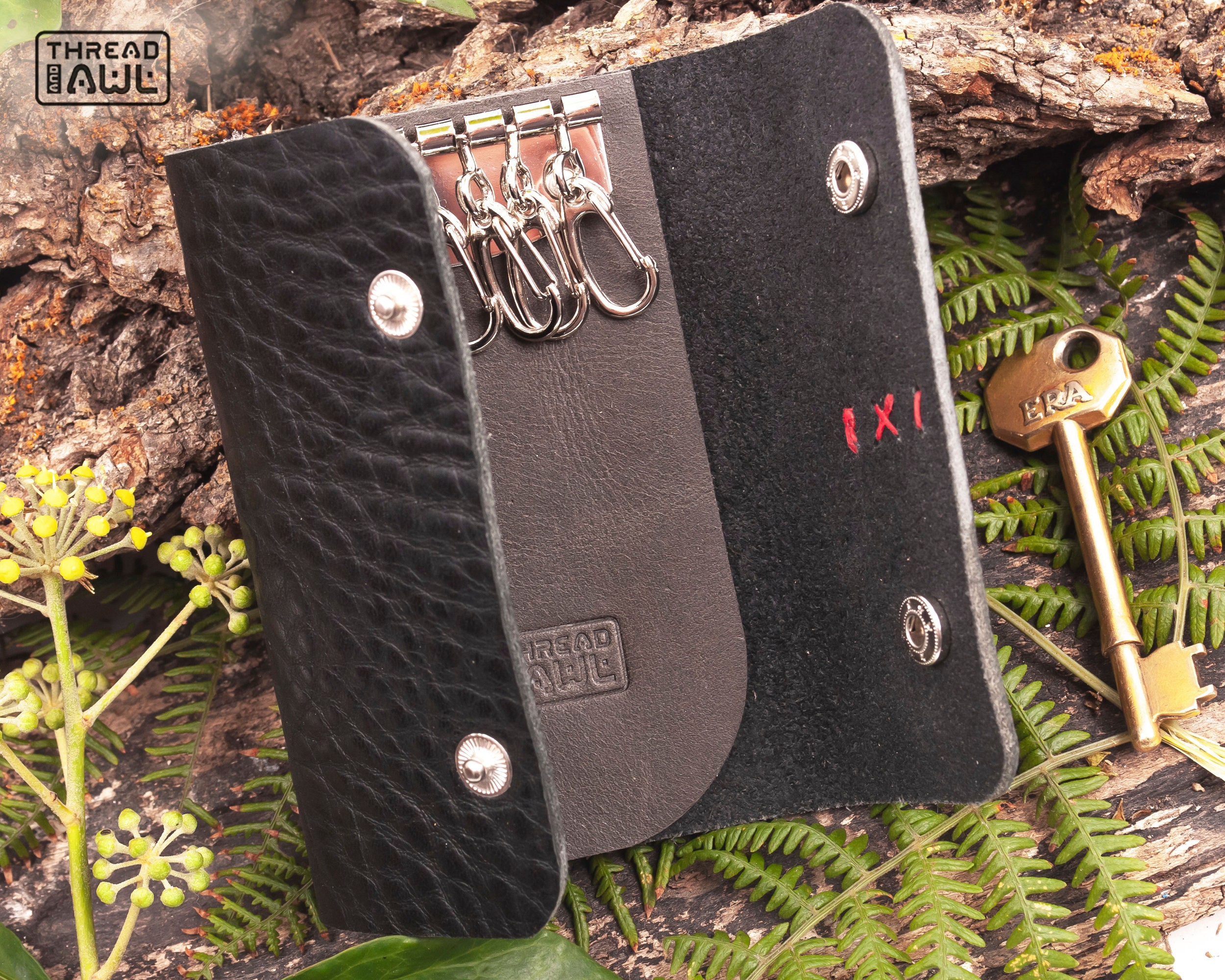 Black leather key holder key pouch with 6 hooks. Personalised Etsy