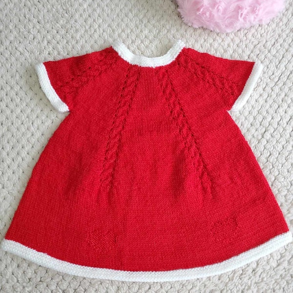 Robe Création en laine layette ROUGE et BLANC, tricot fait main pour bébé 0-3 mois