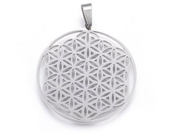 Flower of life medallion in silver stainless steel, 42 mm