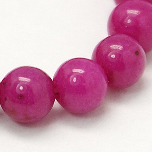 Perle jade mashan naturelle,ronde,teint fushia foncé ,10 mm,vendu par 10