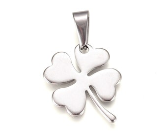 Pendentif trèfle à quatre feuille en acier inoxydable argent,chance,porte bonheur,25 mm