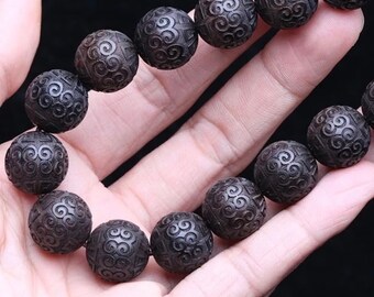 Tibetan ebony beads engraved auspicious cloud, round, meditation, 15 mm, set of 6