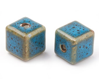 Perle céramique du Pérou,carré,bleu,12 mm trou 4 mm,lot de 10 perles