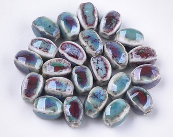 Antique enameled porcelain bead, oval, 12~14x9~10.5x9~11mm, Hole: 2.5mm, set of 10