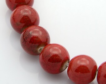 Ceramic bead from Peru, round, red, 8 mm hole 2 mm, set of 10 beads