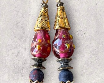 Perle de verre soufflé indien,montée sur tige avec calotte métal or,4,5 cm,vendu par 2