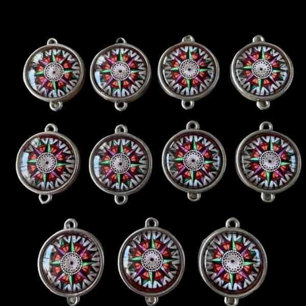 Pendentif rose des vents avec cabochon verre rond 2 cm de diamètre sur support métal argent,lot de 14