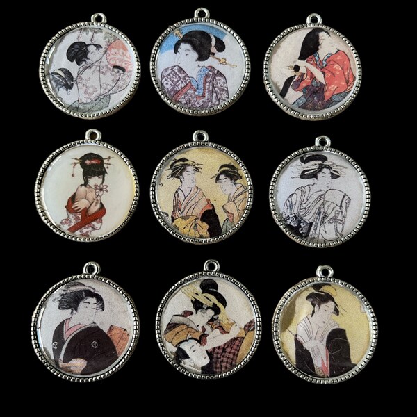 Pendentif cabochon femme japonaise,pendentif métal argent,cabochon résine 2,5 cm,lot de 9