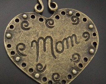 Pendentif Coeurs "mom", métal bronze,29 mm,lot de 19