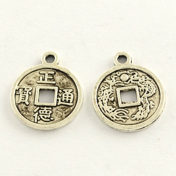 Breloque monnaie feng shui,plat,rond,19x15x2mm,trou 2 mm,lot de 10 Pcs