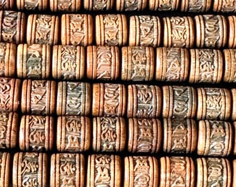 Gegraveerde houten mantra-kralen, tonvormig, donkerbeige, meditatie, 8 mm, set van 10 kralen