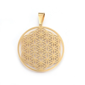 Medallón flor de la vida en acero inoxidable dorado, 42 mm