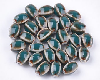 Antique enameled porcelain bead, oval, 12~14x9~10.5x9~11mm, Hole: 2.5mm, set of 10