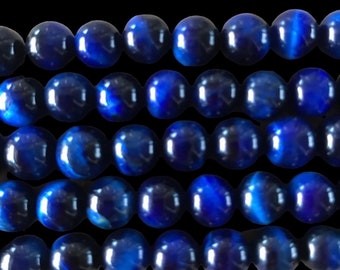 Perle oeil de tigre bleu grade AA,8 mm,lot de 10 Perles