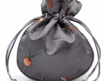 Gift pouch satin embroidered gray, 11 cm by 13 cm