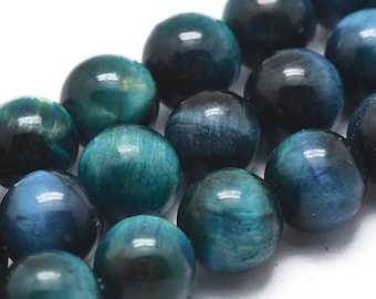 Perle oeil de tigre bleu turquoise grade A,teint et chauffé,8 mm,lot de 10 Perles