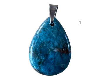 Pendentif pierre d'Apatite,grade AAA de Madagascar ,goutte,bélière acier inoxydale argent