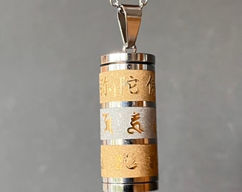 Pendentif acier inoxydable 304, colonne avec om mani padme hum, argent antique, 33x13mm, Trou: 5x8mm