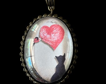 Pendentif cabochon verre chat et coeur