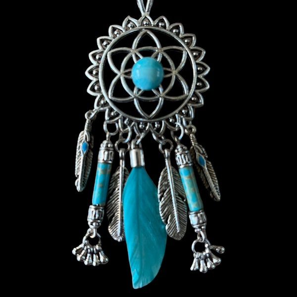 Pendentif amérindien attrape rêve amazonite,turquoise,plume, et plumes en métal argent