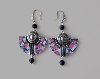 Kit boucles d'oreilles motif japonais,perle d'onyx noir