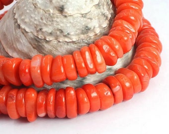 Sea bamboo beads, coral dyed, irregular heishi shape, 8/9mm, set of 20 beads