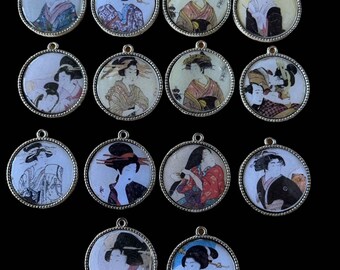 Asian pendant, geisha, 25 mm resin cabochon, set of 14