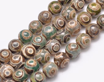 Tibetan dzi agate bead, 3 eyes, 8 mm, set of 10