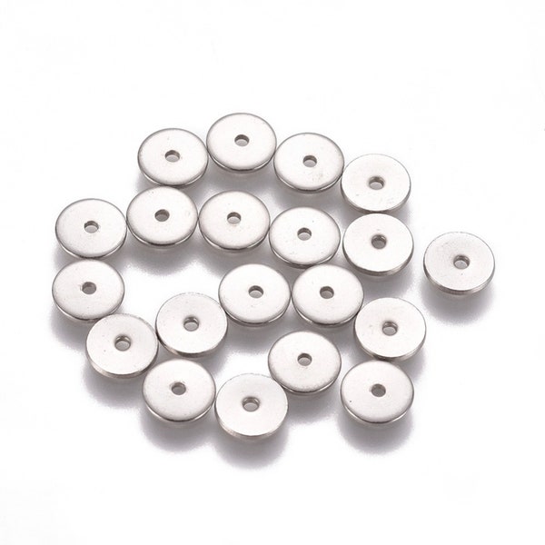 Perle intercalaire acier inoxydable 304,argent,plat rond,6 mm,lot de 20 pcs