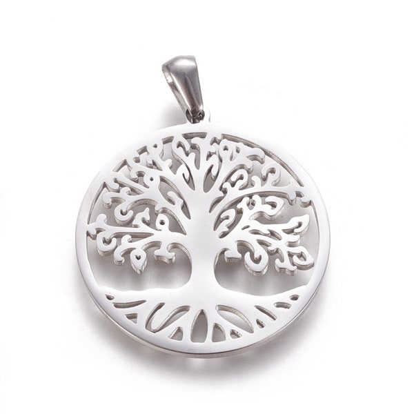 Médaillon en acier inoxydable argent arbre de vie,30 mm