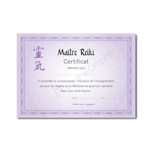 Certificat de formation et d'enseignement Maître Reiki soins énergétiques, PDF à imprimer pour praticiens professionnels image 1