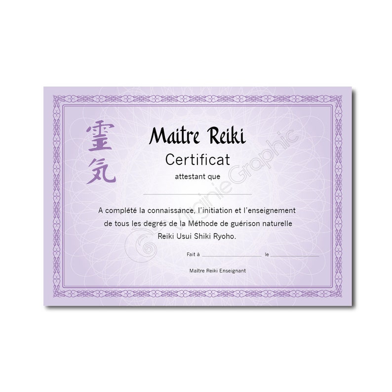 Certificat de formation et d'enseignement Maître Reiki soins énergétiques, PDF à imprimer pour praticiens professionnels image 1